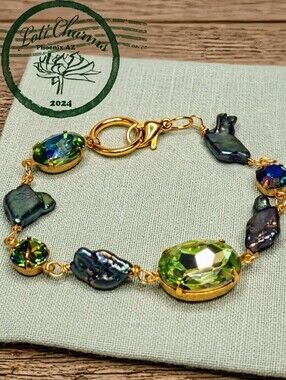 Swarovski Crystal Peridot Green & Genuine Peacock Green Bracelet In Gold Plated
